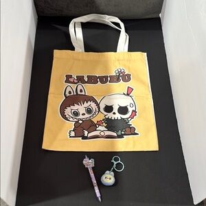Fashion Labubu Tote Bag 15x13, Keychain and matching pen.